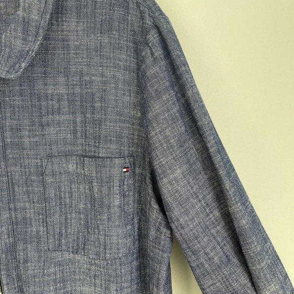 Tommy Hilfiger Blue Chambray Half Zip Roll Tab Sleeve Top - Picture 5 of 6